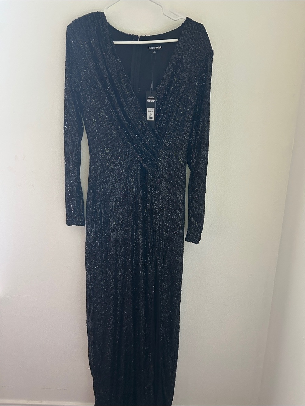 Fashion Nova Black Sparkle Long Sleeve Wrap Maxi Gown